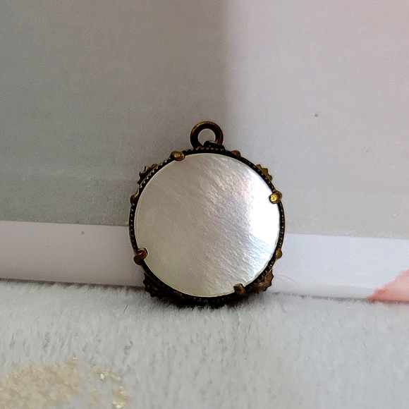 Antique 1800s Mother of Pearl Tambourine Pendant w/Moving Parts. ¾" - Picture 10 of 10